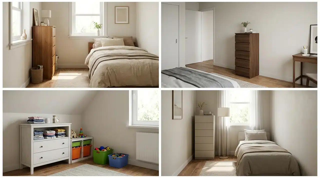 Chest of drawers used in small bedroom, apartment, kids room, and guest room layouts.