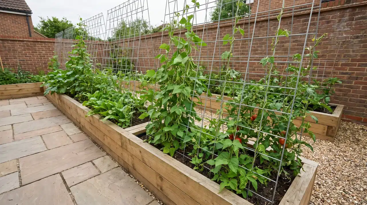 Narrow raised beds with trellises along a patio edge