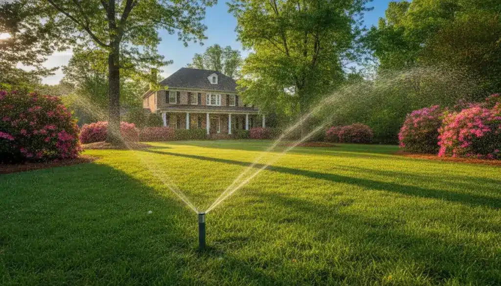 Sprinkler watering green lawn with blooming pink bushes and large brick house in background