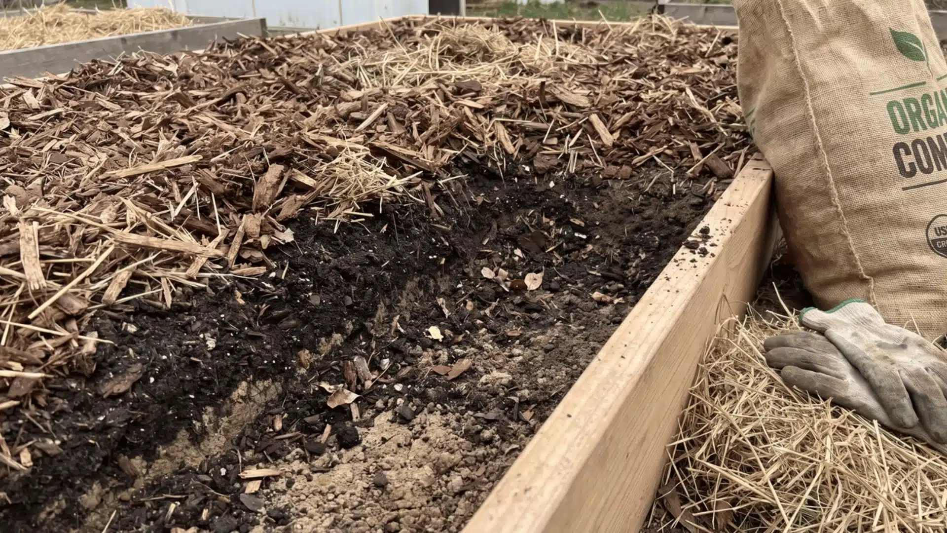 Garden soil showing compost mixed below and mulch covering the surface layer