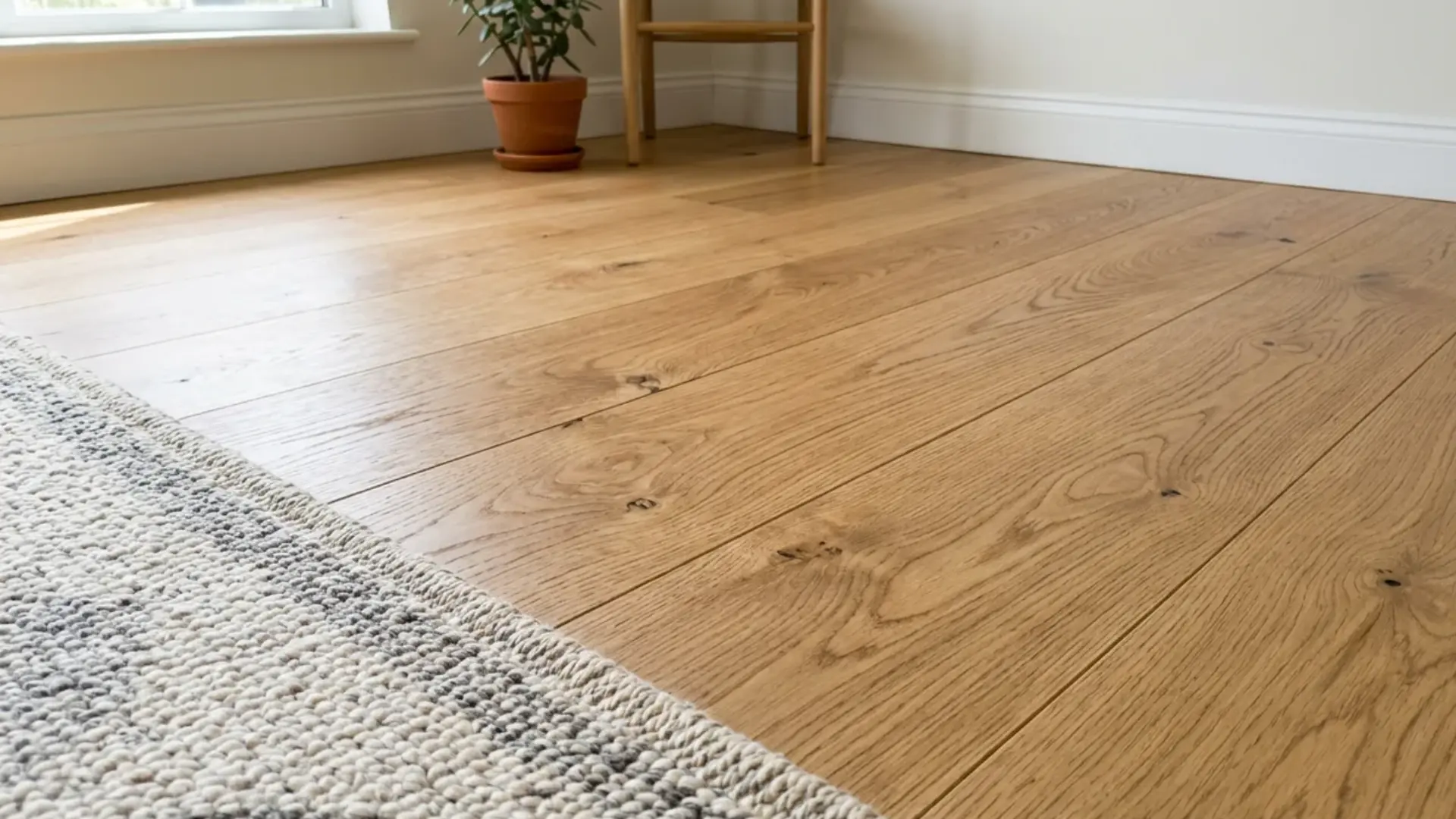 wide plank solid oak hardwood flooring installed in a sunlit living room floor corner
