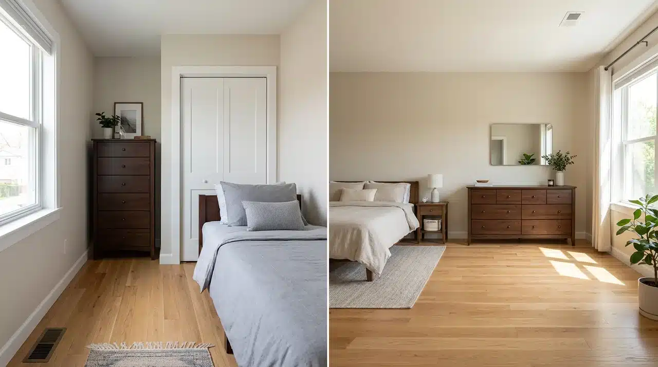 Bedroom comparison showing chest of drawers in a small space and dresser on a larger wall.