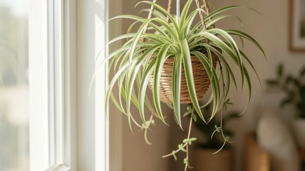 Spider Plant Care: Complete Growing and Troubleshooting Guide Variegated spider plant with cascading white-and-green leaves in a woven hanging basket near a sunlit window, with spiderette plantlets trailing below