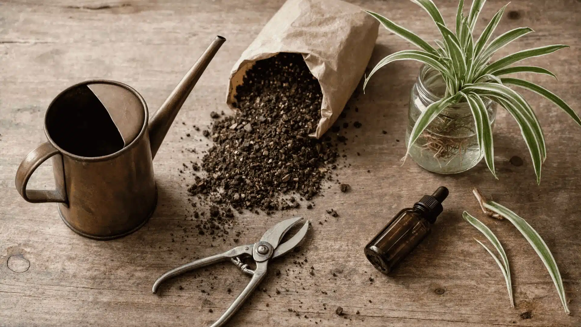 Spider plant care essentials: watering can, pruning shears, soil, fertilizer, and a rooted cutting on a wood table.