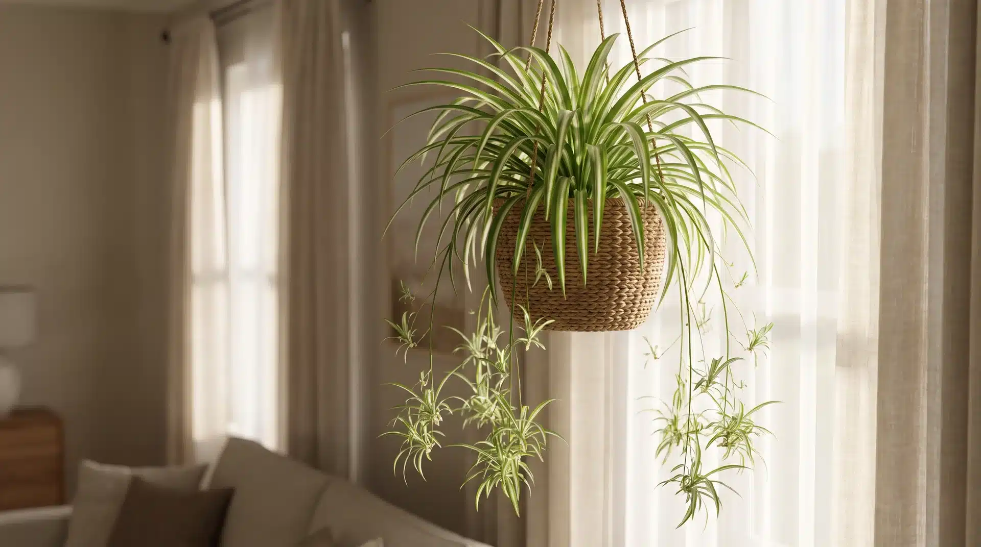 Spider plant with arching leaves and baby plants growing from stems in a hanging basket.