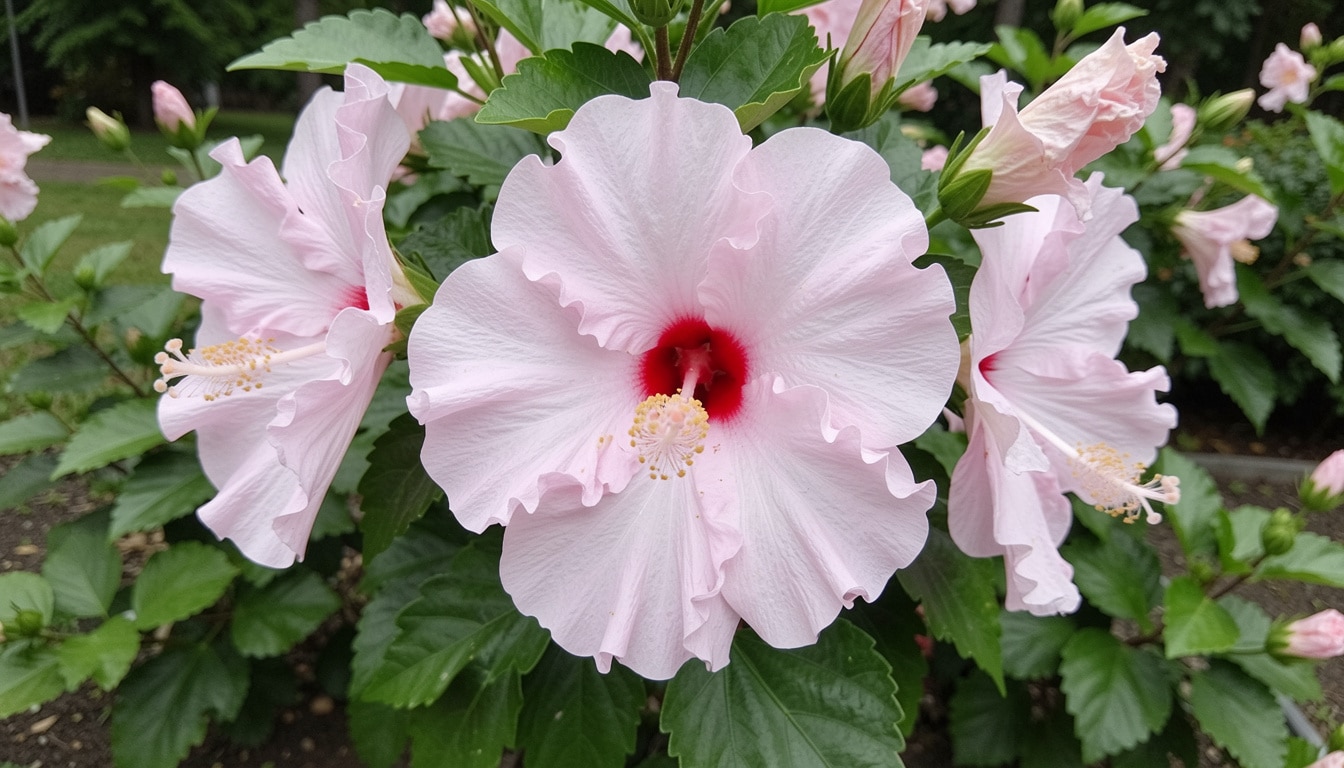 Spinderella hibiscus with pale pink ruffled flowers and red eye