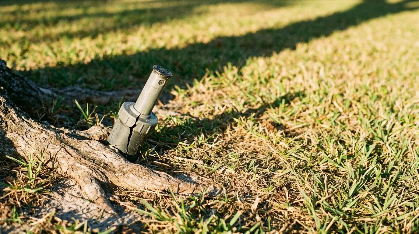 Sprinkler head installed in grass beside tree root in bright outdoor setting