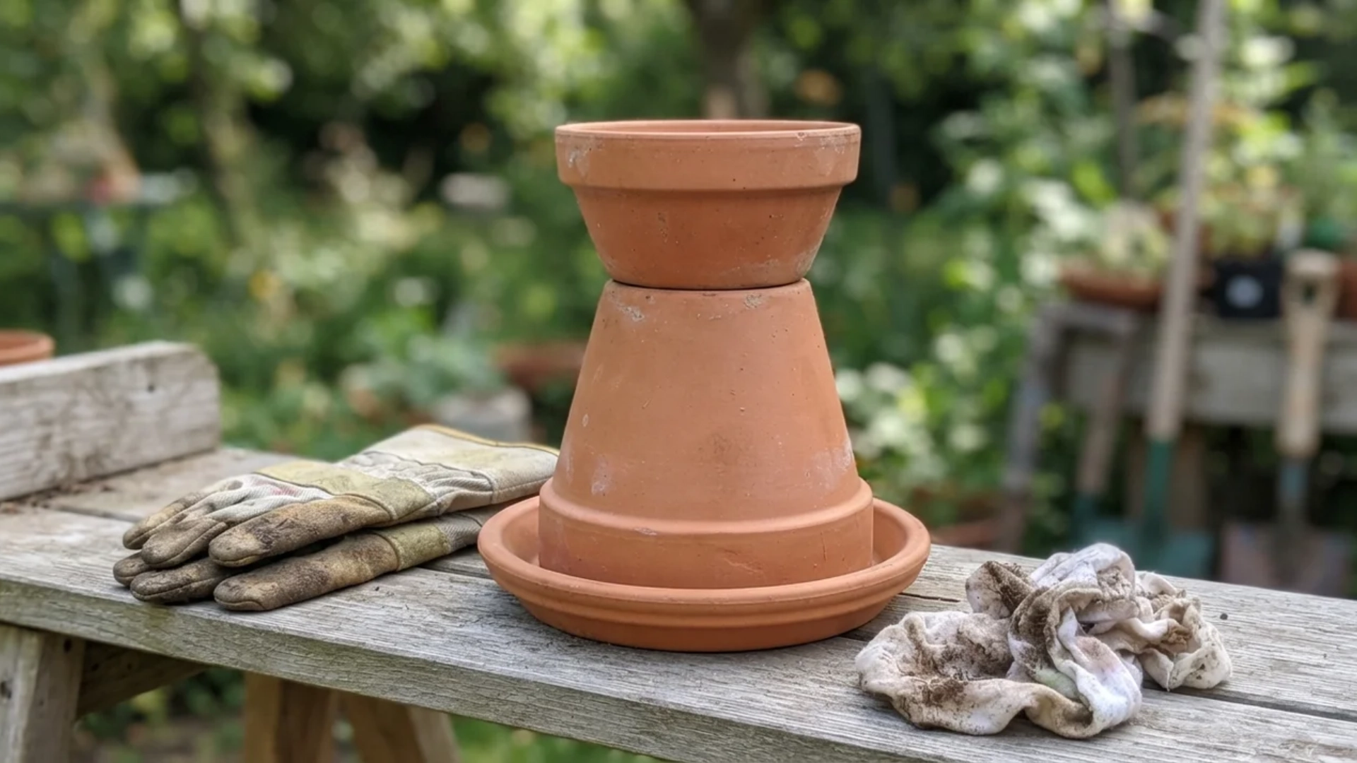 Stacked terracotta pots and saucer on a wooden bench beside work gloves and a rag.