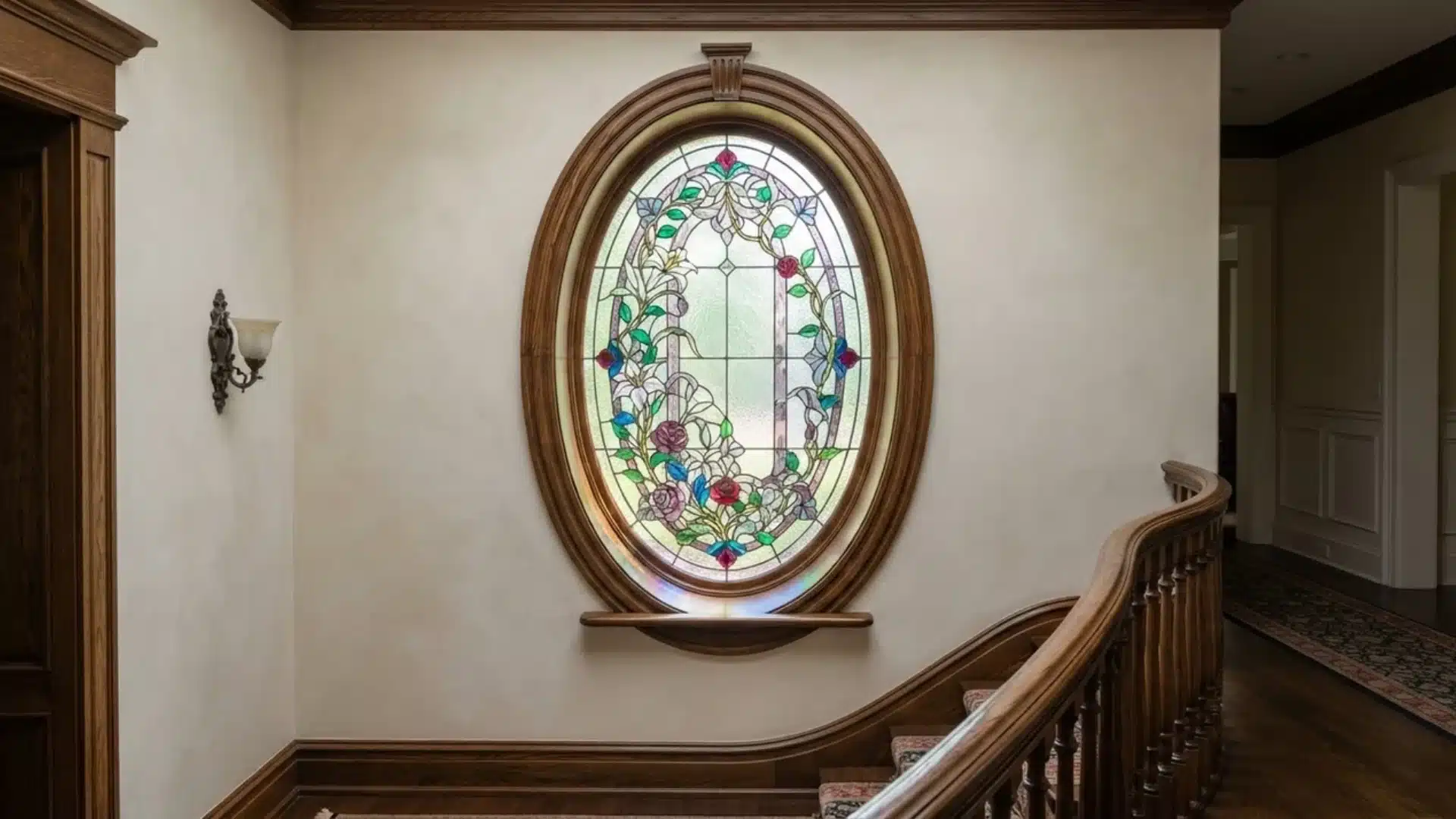 stained glass oval window with floral pattern in victorian foyer
