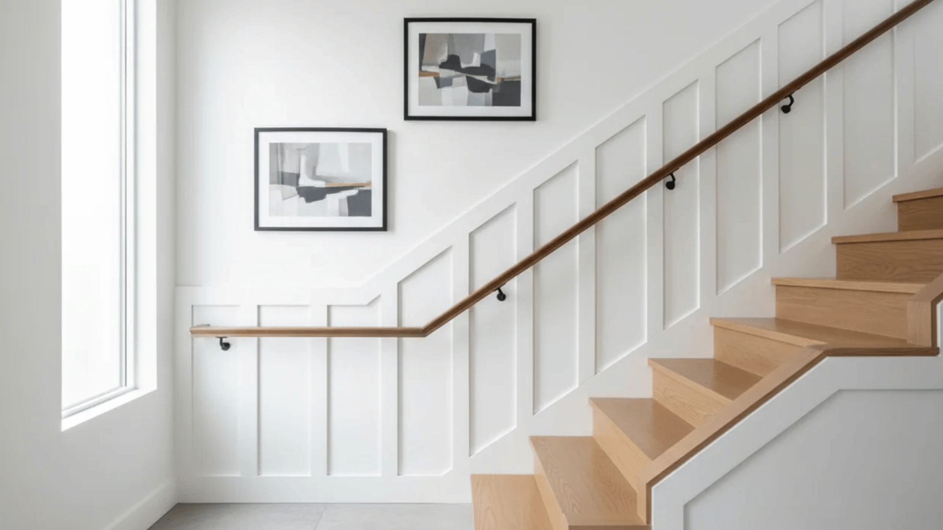 Modern staircase with light wood treads, white board and batten wall paneling, a wood handrail, and framed artwork.