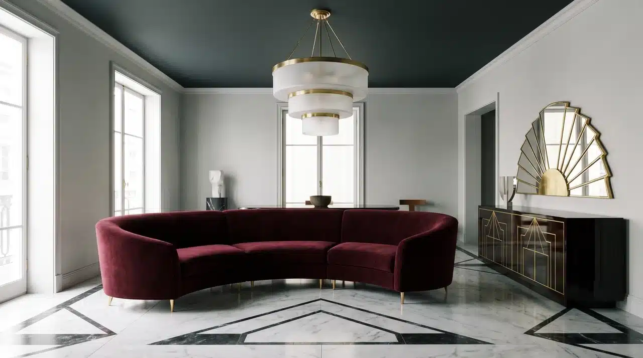 Art Deco living room with burgundy velvet curved sofa, tiered frosted glass pendant and lacquered sideboard
