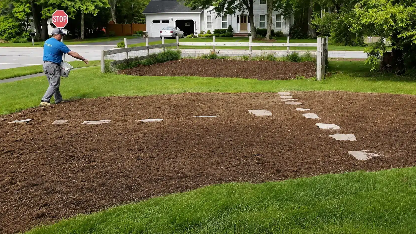 A person spreading wildflower seeds across a prepared garden bed in a sunny suburban yard