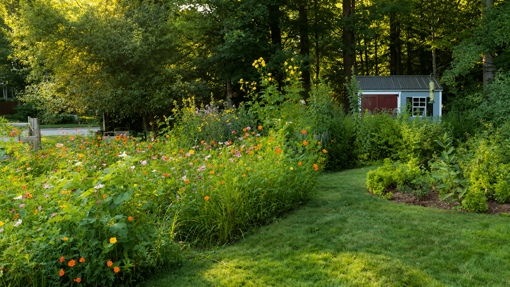 Wildflower garden with colorful blooms, green plants, a grass path, and a shed surrounded by trees