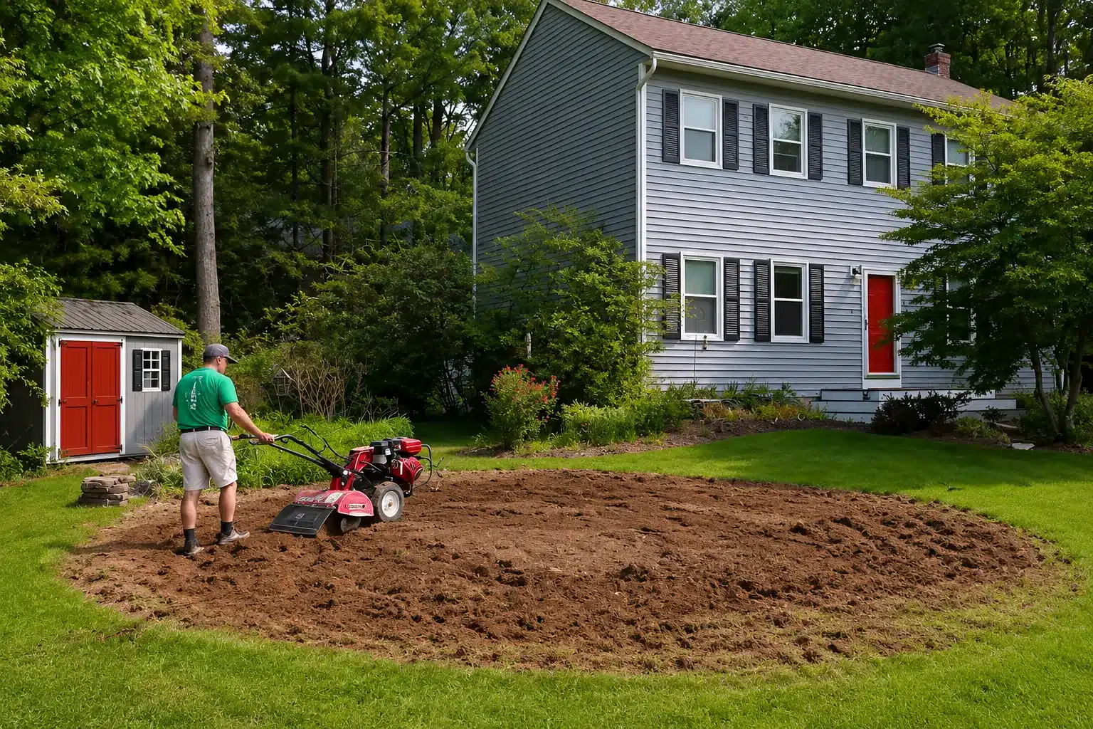 Person preparing a backyard garden bed with a rototiller beside a suburban home and shed
