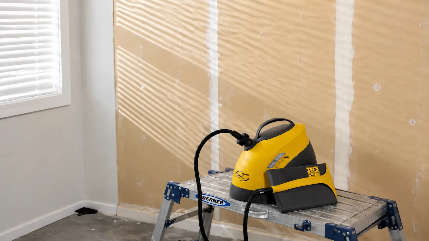 Yellow wallpaper steamer on a platform in front of a prepared wall during wallpaper removal