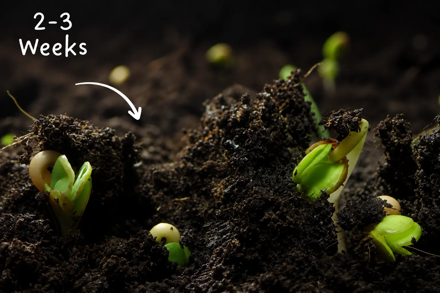 Wildflower seedlings emerging from soil after 2–3 weeks of germination