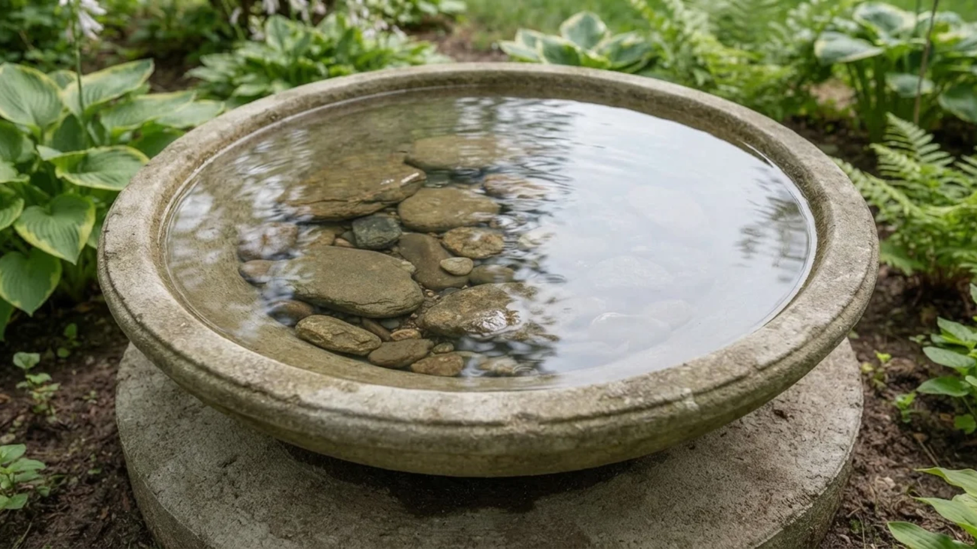 A round stone bird bath filled with clear water and small river rocks placed in a garden.