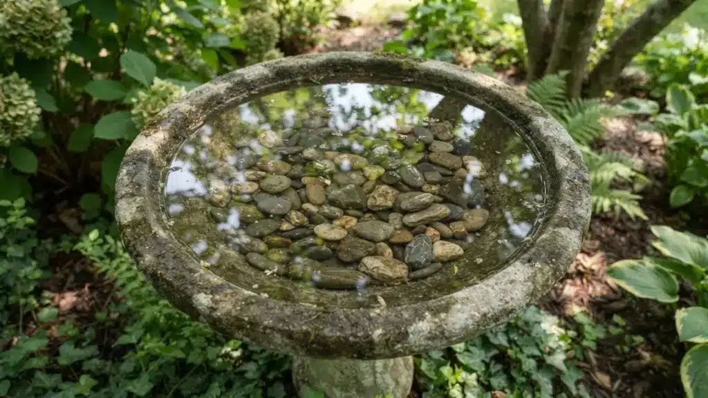 DIY Bird Bath: Easy Terracotta Pot Project stone-bird-bath-pebbles-shallow-water