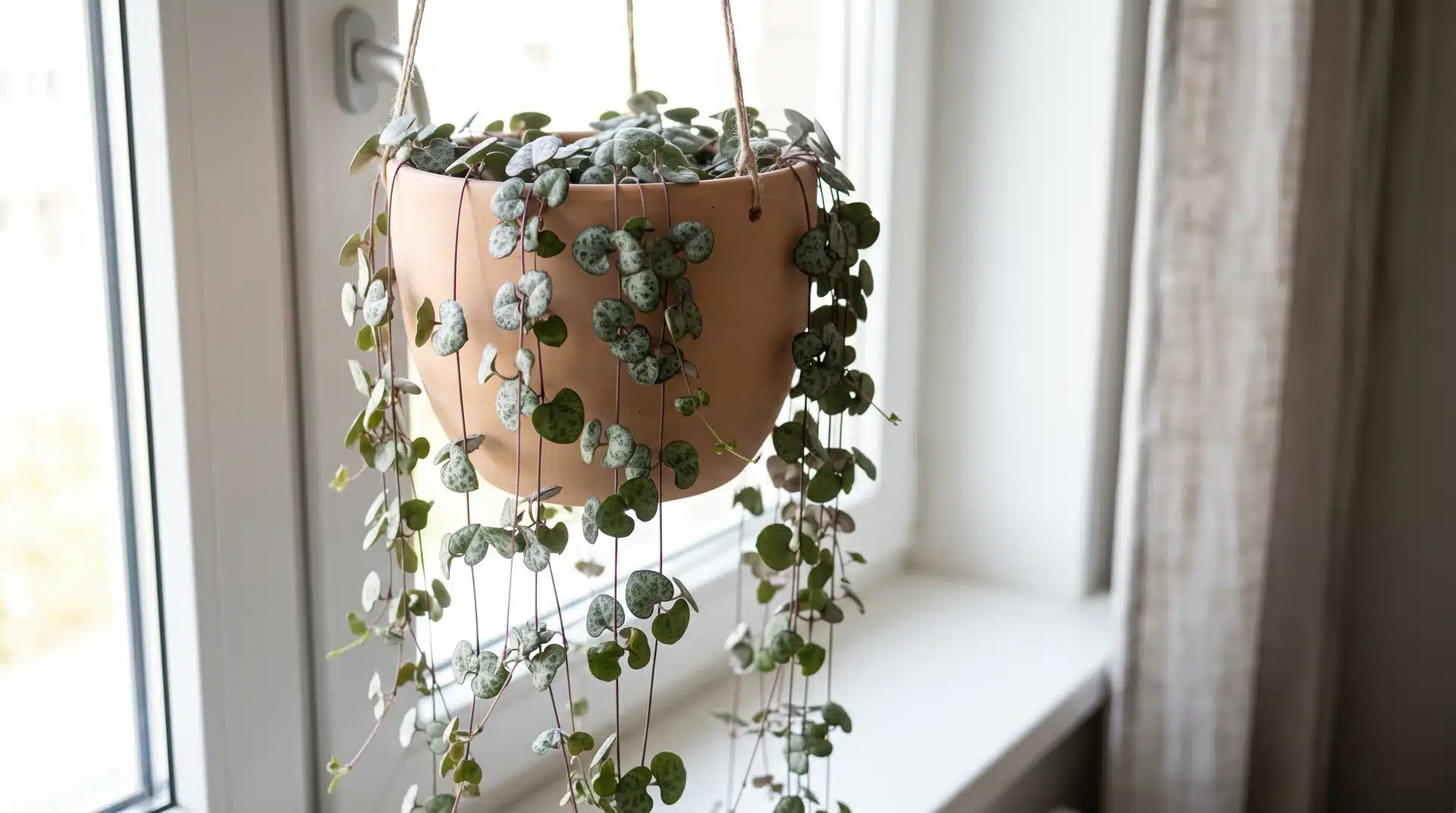 String of hearts plant with thin vines and small heart-shaped leaves in a hanging basket near a window.