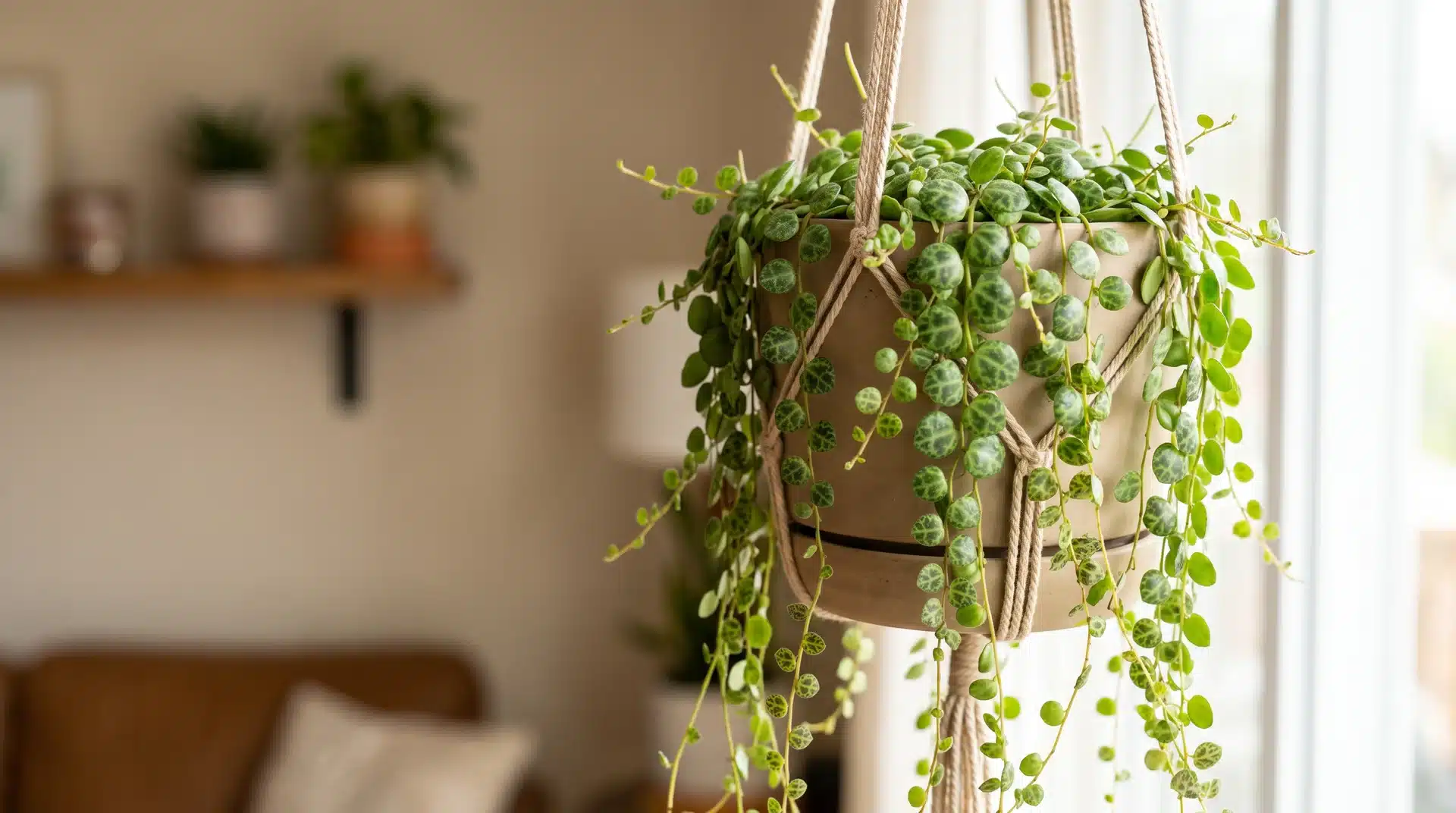 String of turtles plant with round patterned leaves growing along trailing vines in a hanging pot.