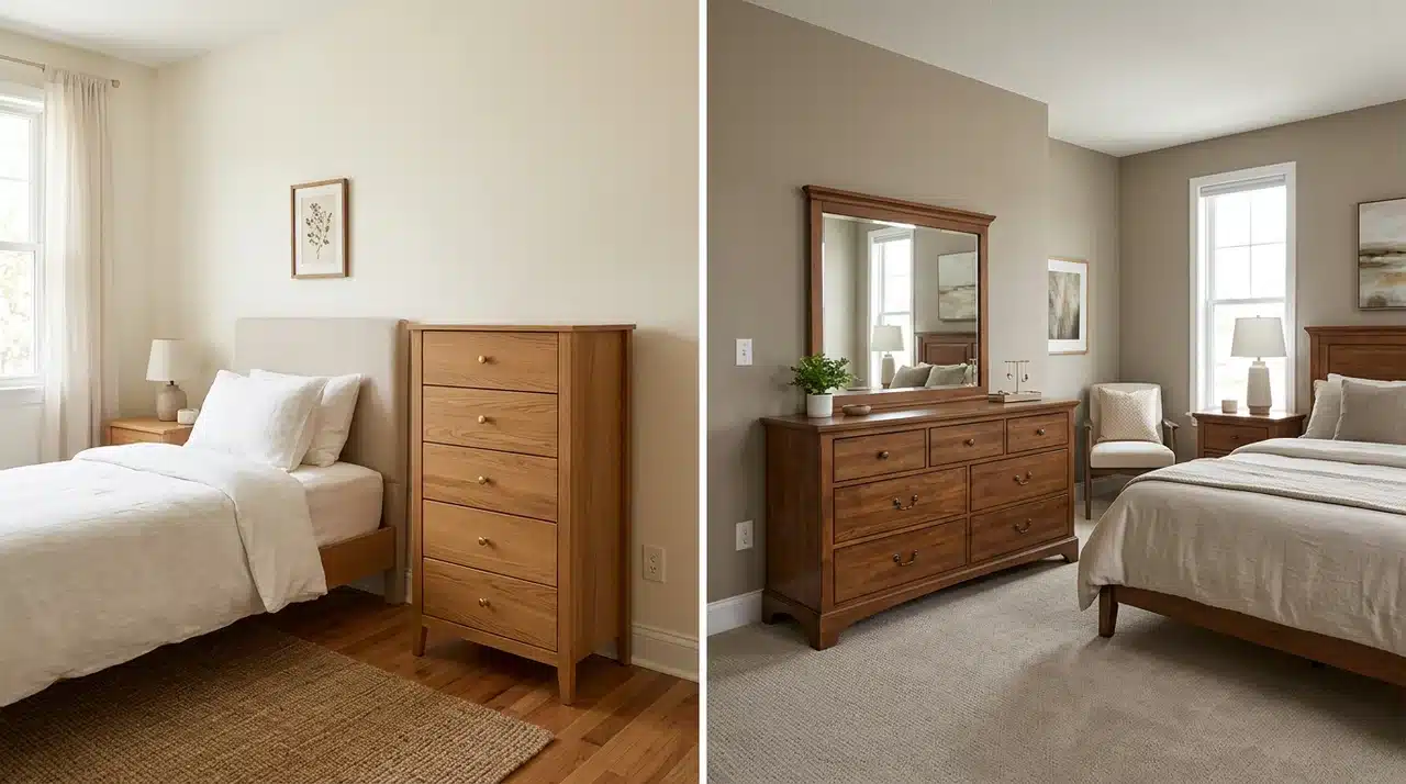 Chest of drawers and dresser showing different bedroom styles, sizes, and storage features.