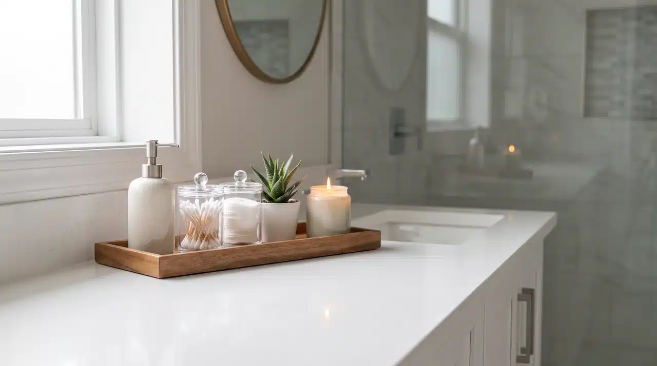 Bathroom countertop styled with a tray, soap dispenser, plant, and organized essentials.