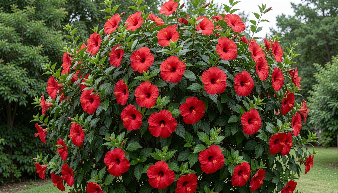 Summer in Paradise hibiscus with red flowers in heavy bloom