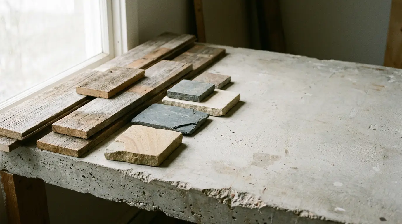 Wooden planks and stone tiles arranged on concrete surface by a window