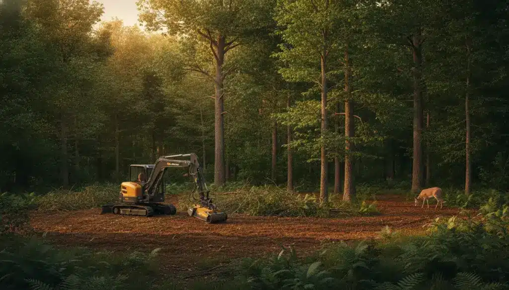 Excavator clearing forest under warm sunlight, with a deer grazing nearby