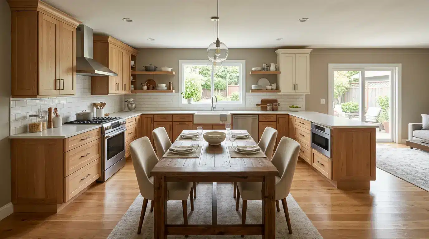 U-shaped kitchen with dining table creating a flexible gathering area