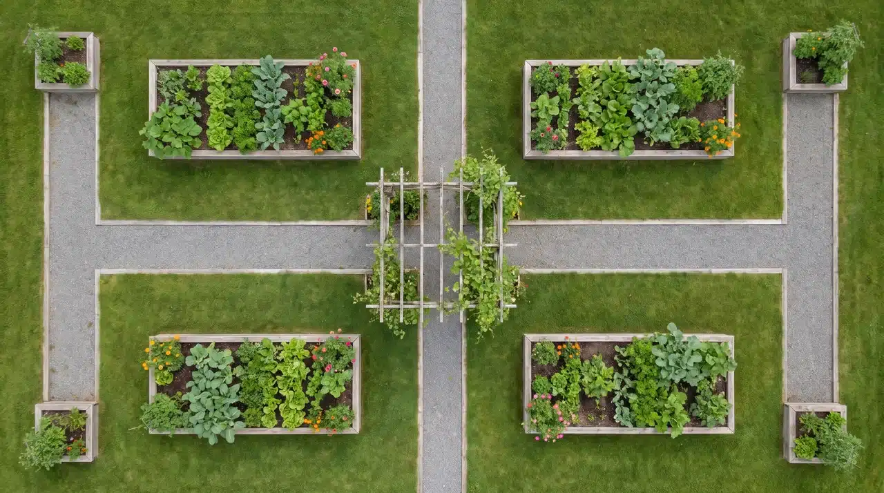 Matching raised beds arranged symmetrically around a central arbor