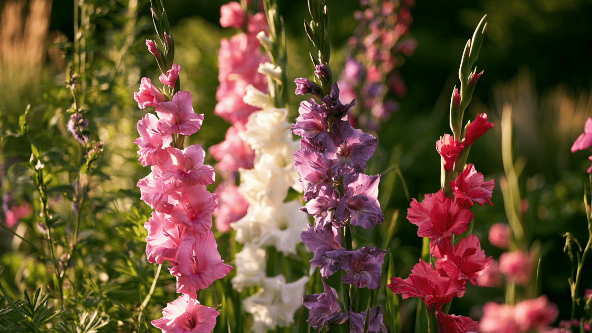 tall pink purple and white gladiolus flowers blooming in a sunny summer garden with lush green foliage
