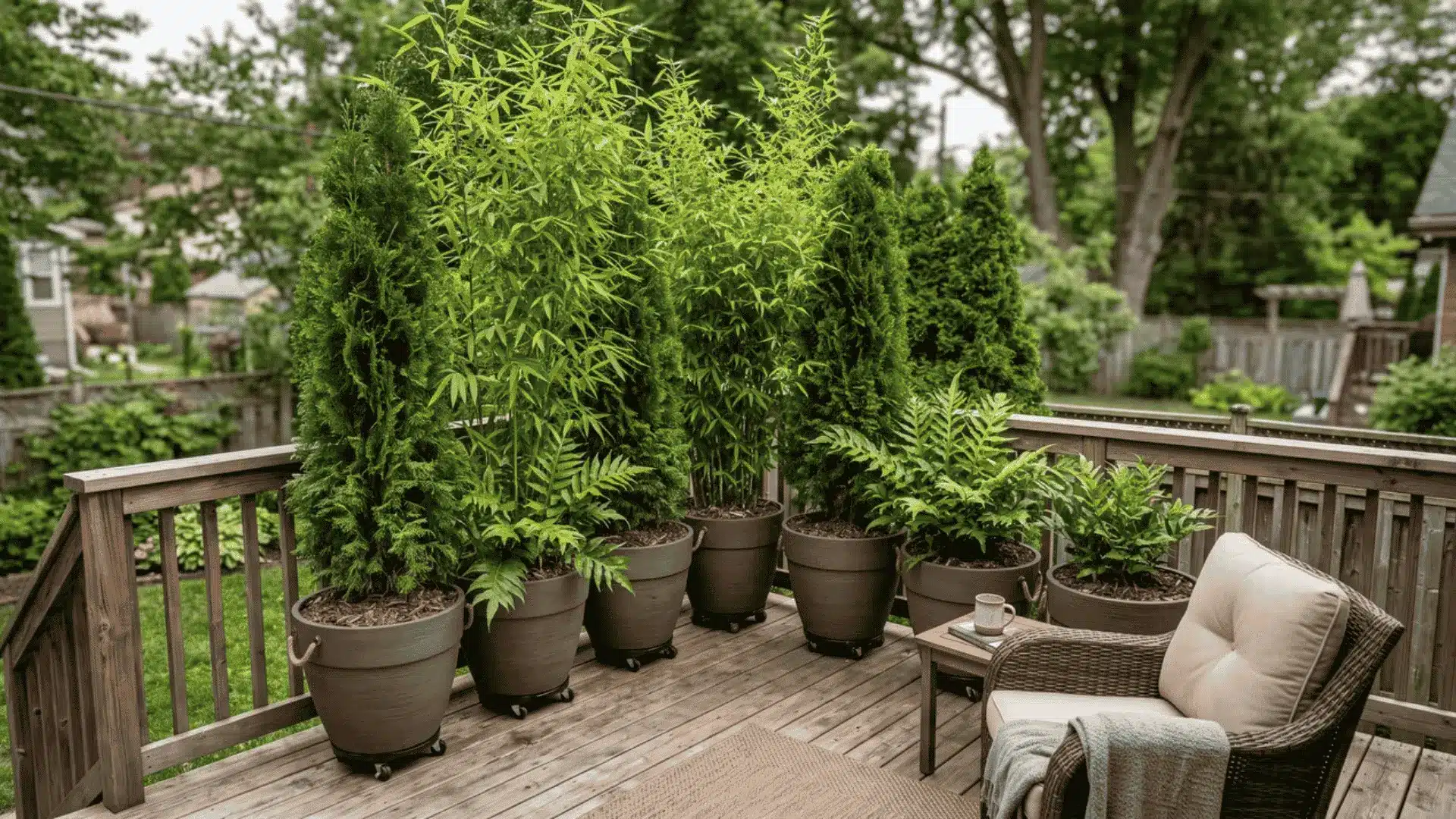 Tall plants in large pots forming a privacy screen around a deck corner