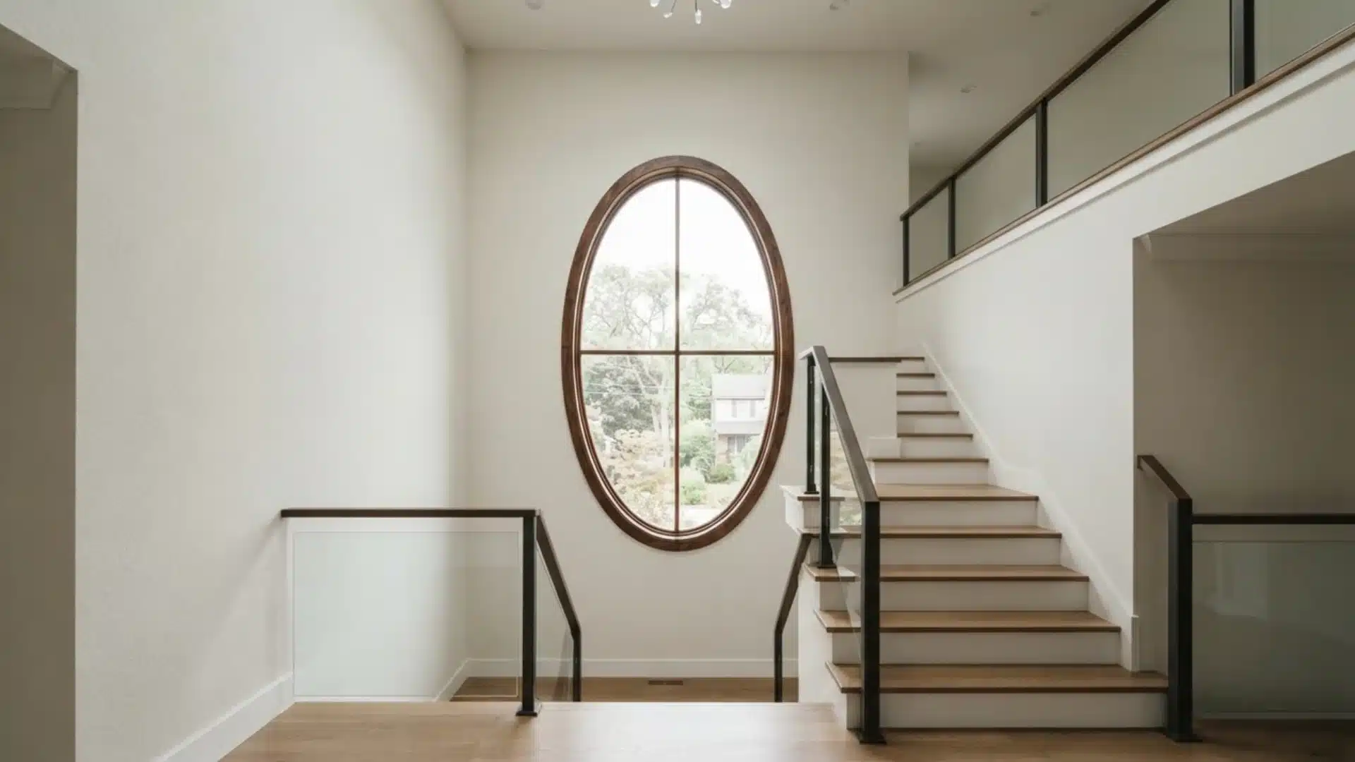 tall oval window on staircase wall near landing