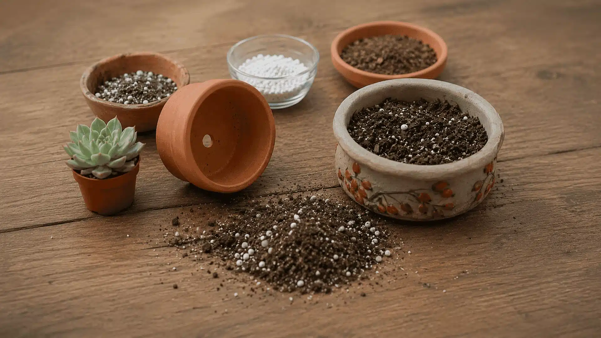Terracotta and shallow succulent pots beside loose cactus soil on a work surface
