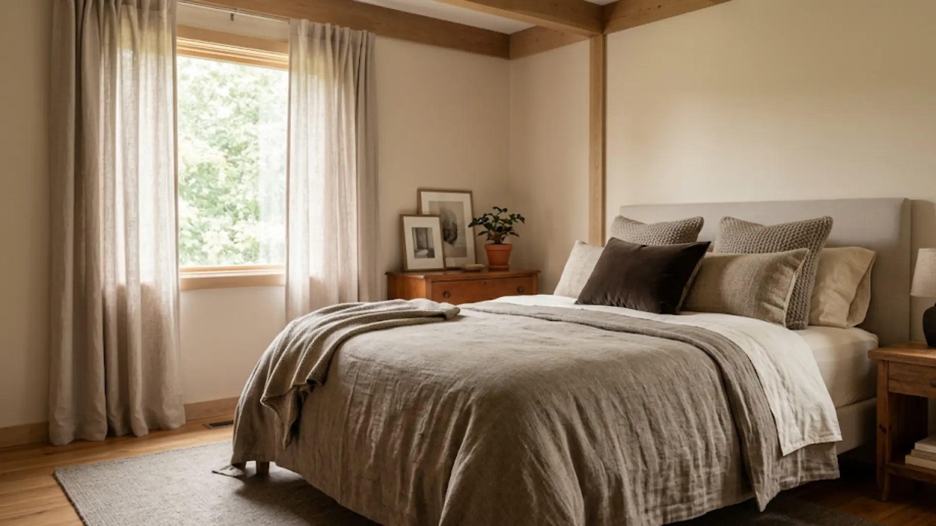 sunlit bedroom features a bed with layered taupe and linen bedding, two windows with curtains, and warm wood accents