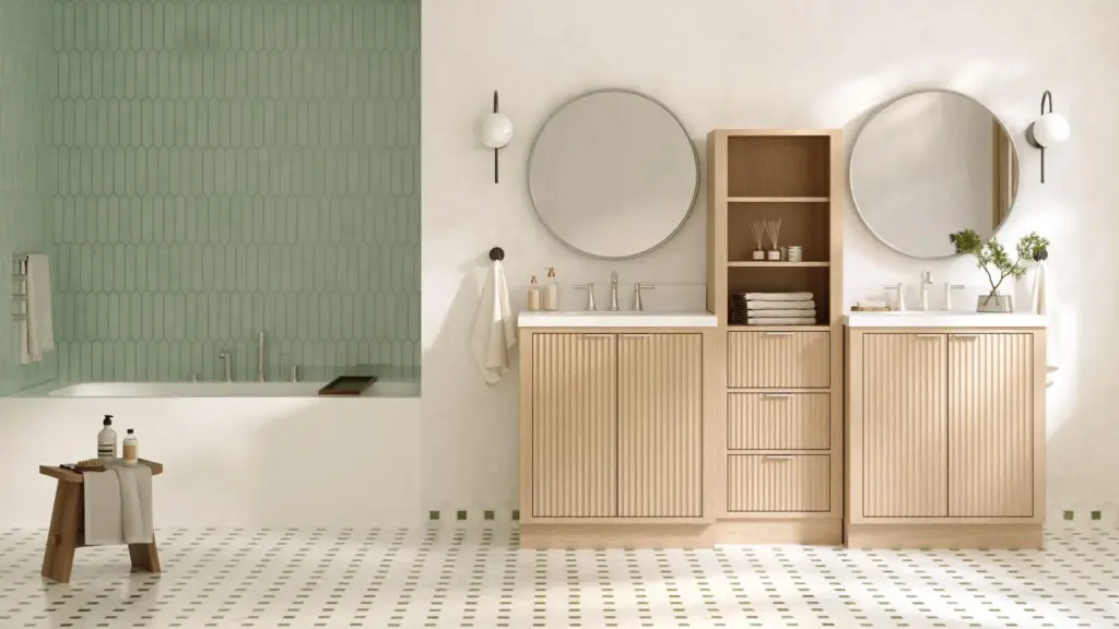 The Blueprint to a Timeless Master Suite: Material Density Over Trend Chasing Modern bathroom with double wooden vanities, circular mirrors, and light green tiled wall