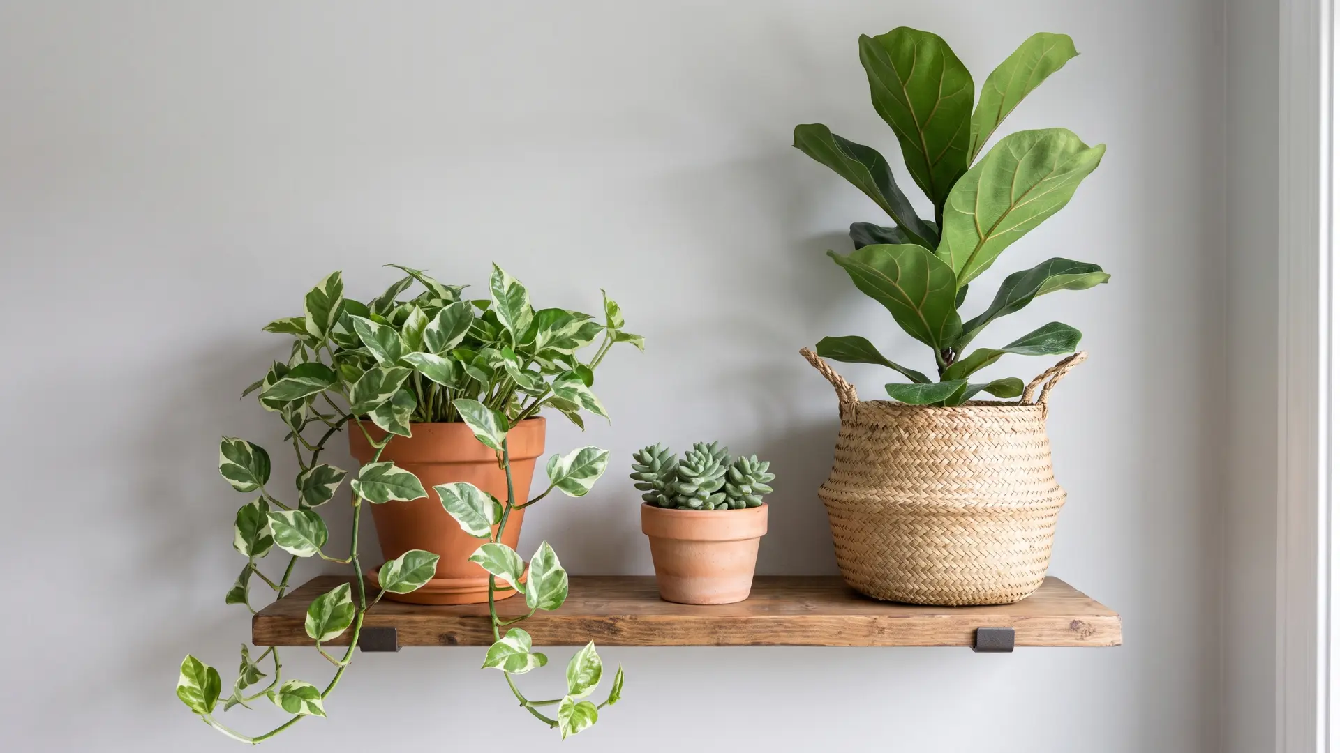 Shelf holding a pothos, succulent, and fiddle leaf plant in a woven planter