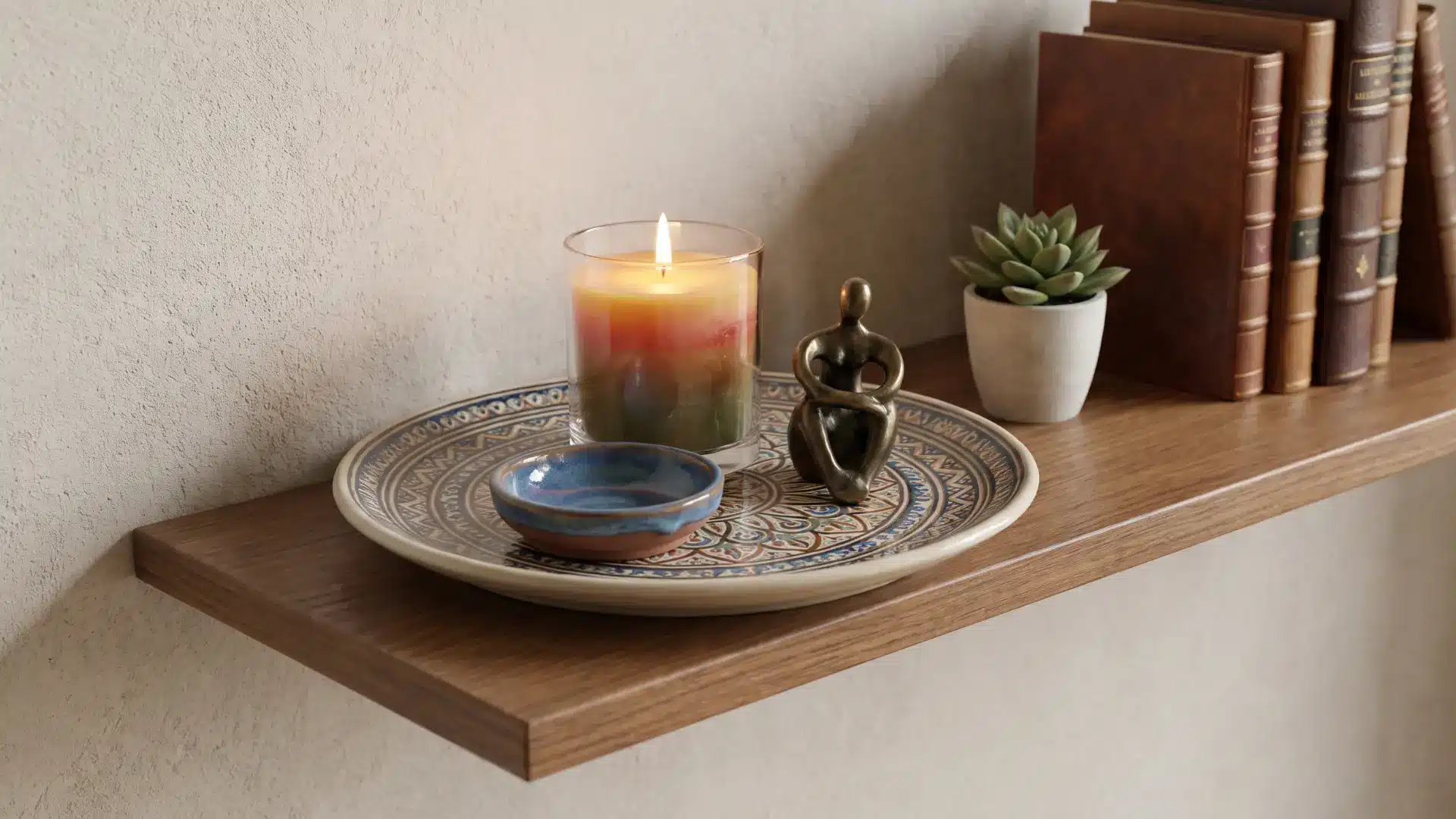 Tray on a shelf holding a candle, small dish, and mini sculpture
