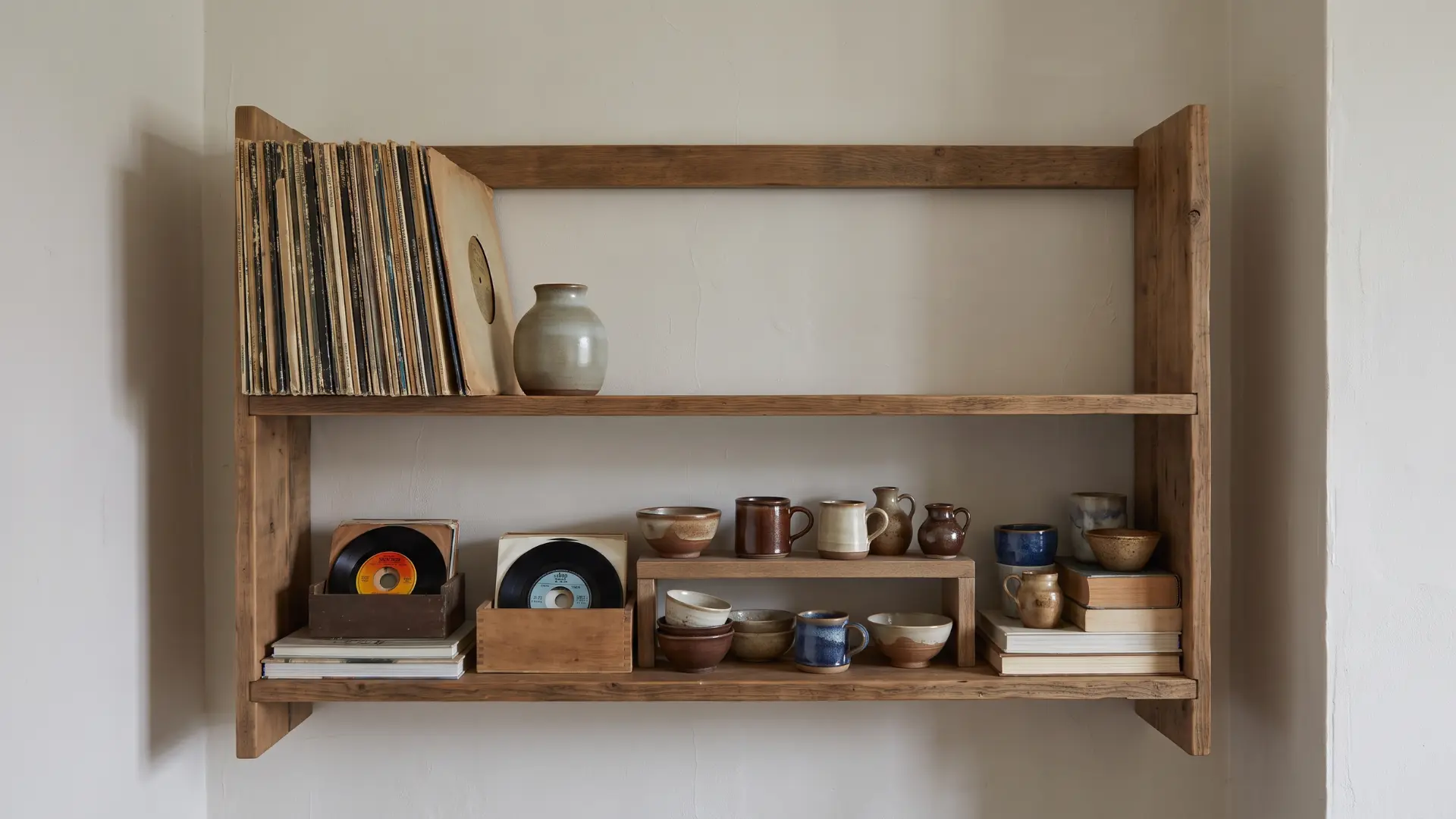 Shelf displaying a collection of pottery pieces at varying heights