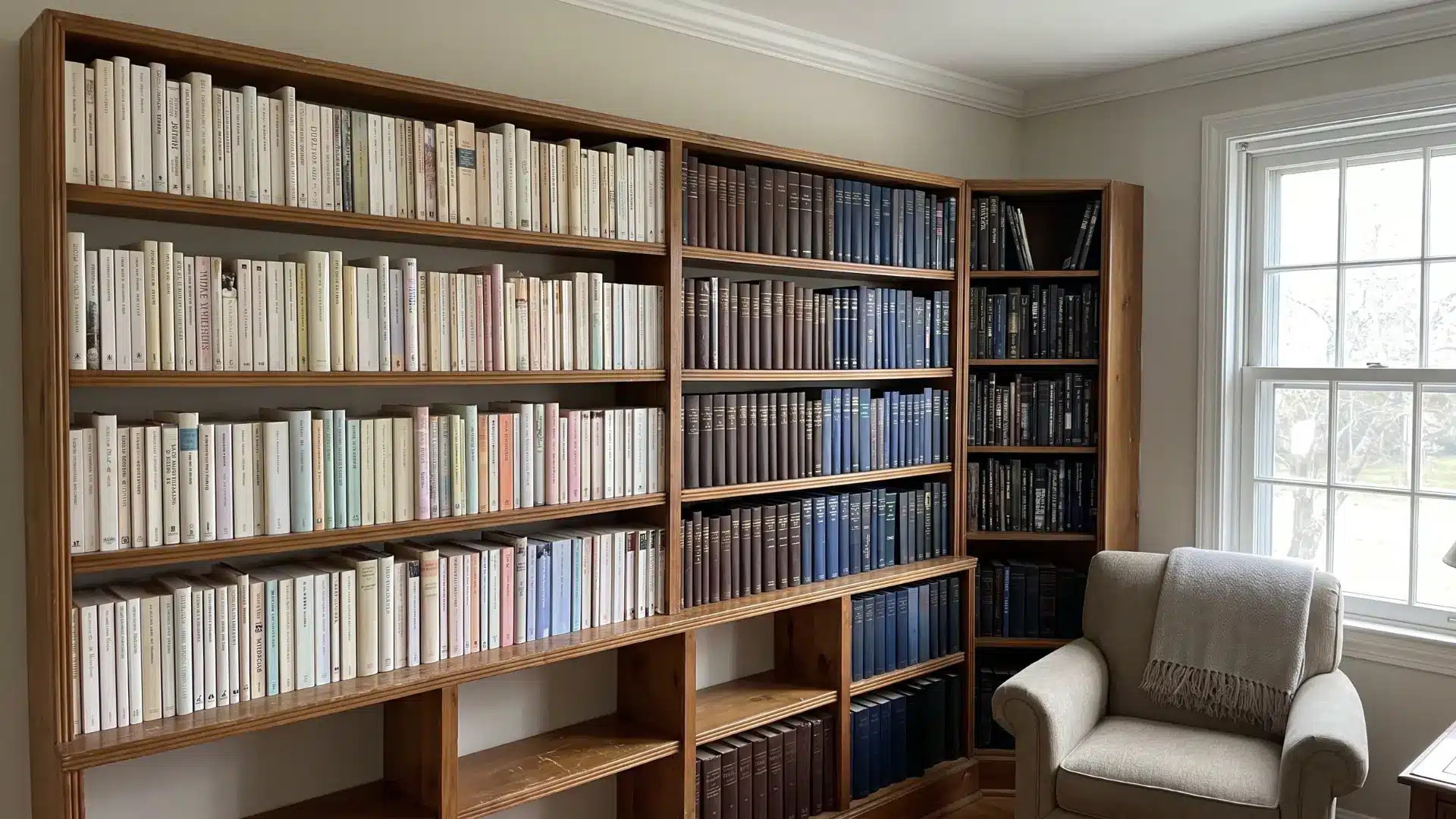 Bookshelf with books arranged in a color gradient by spine color