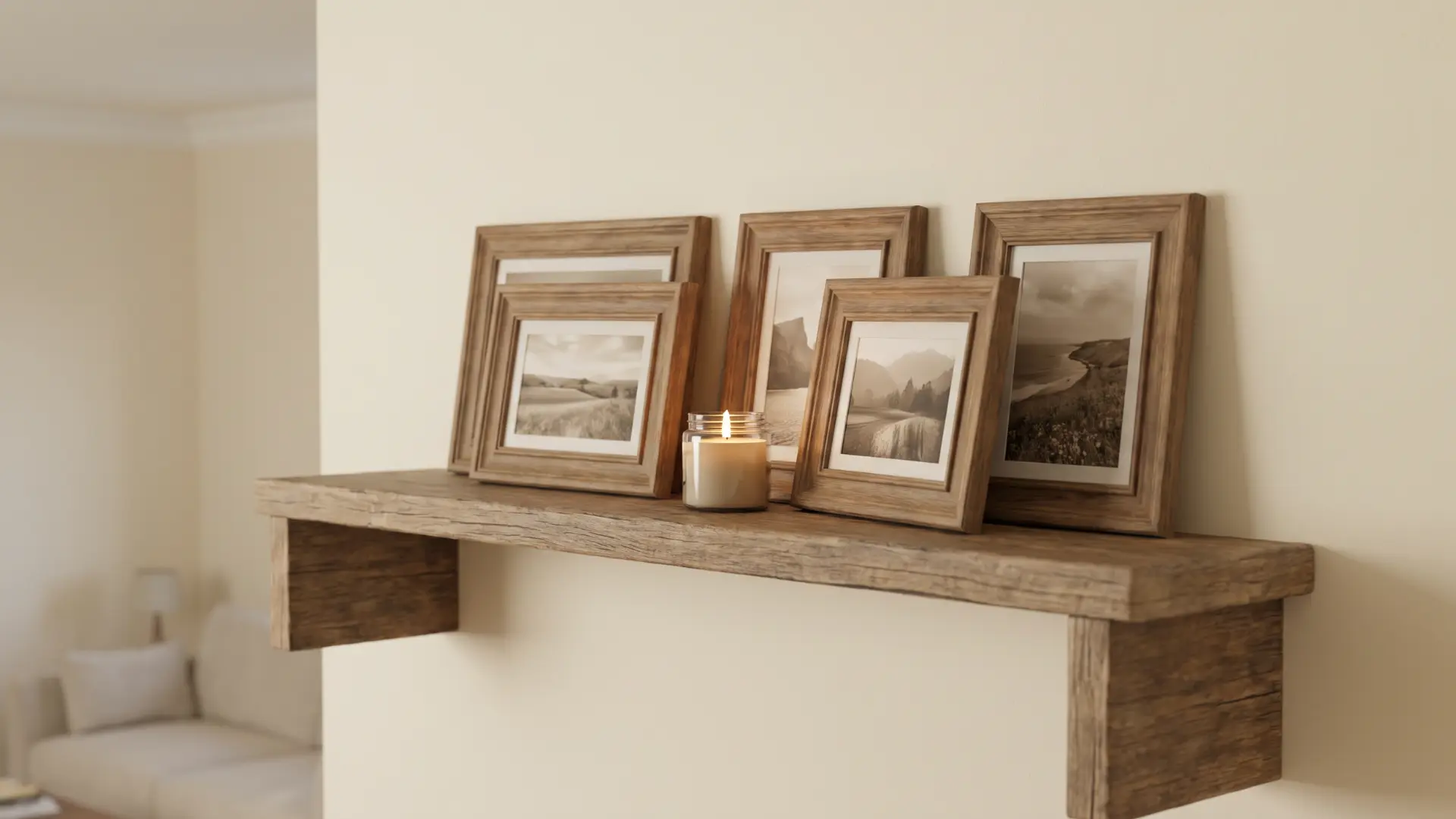 Cluster of matching picture frames grouped with a small candle on a shelf