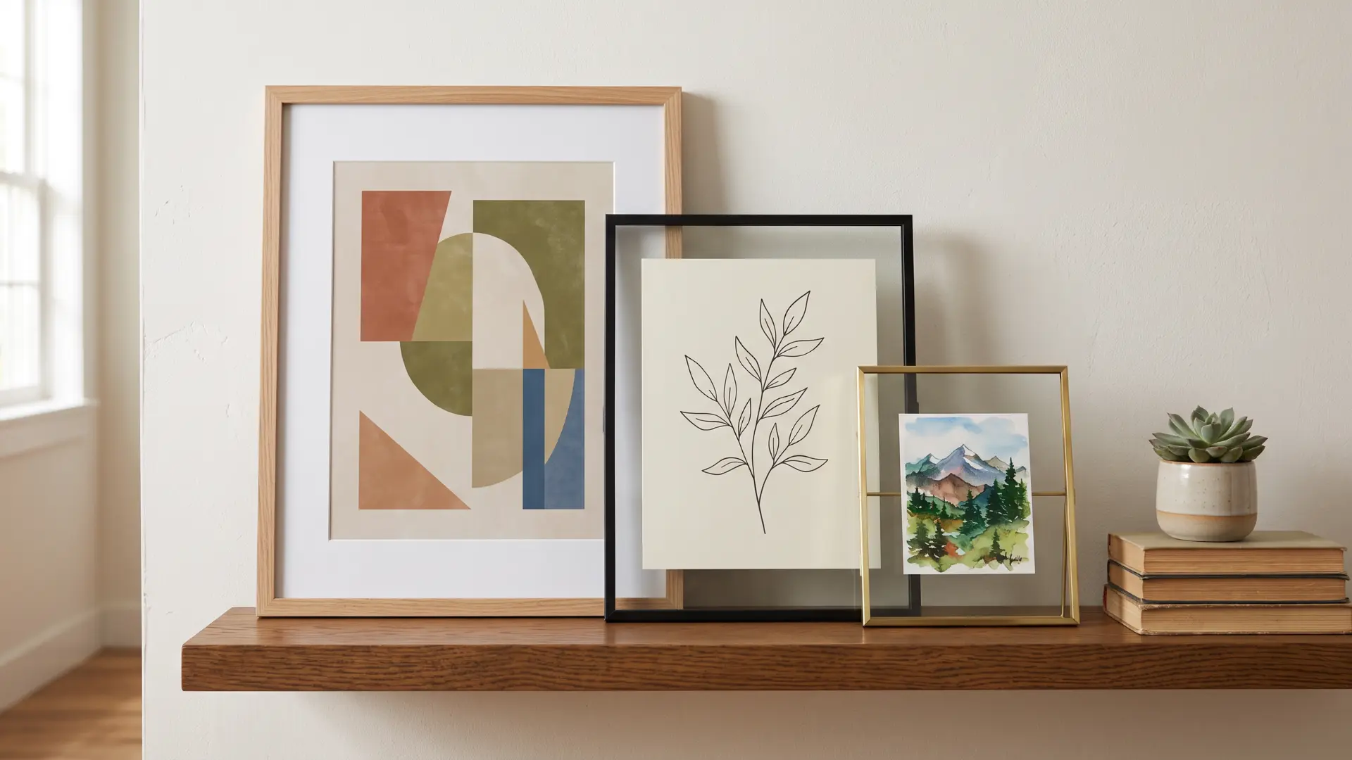 Framed art prints leaning and overlapping on a wall shelf