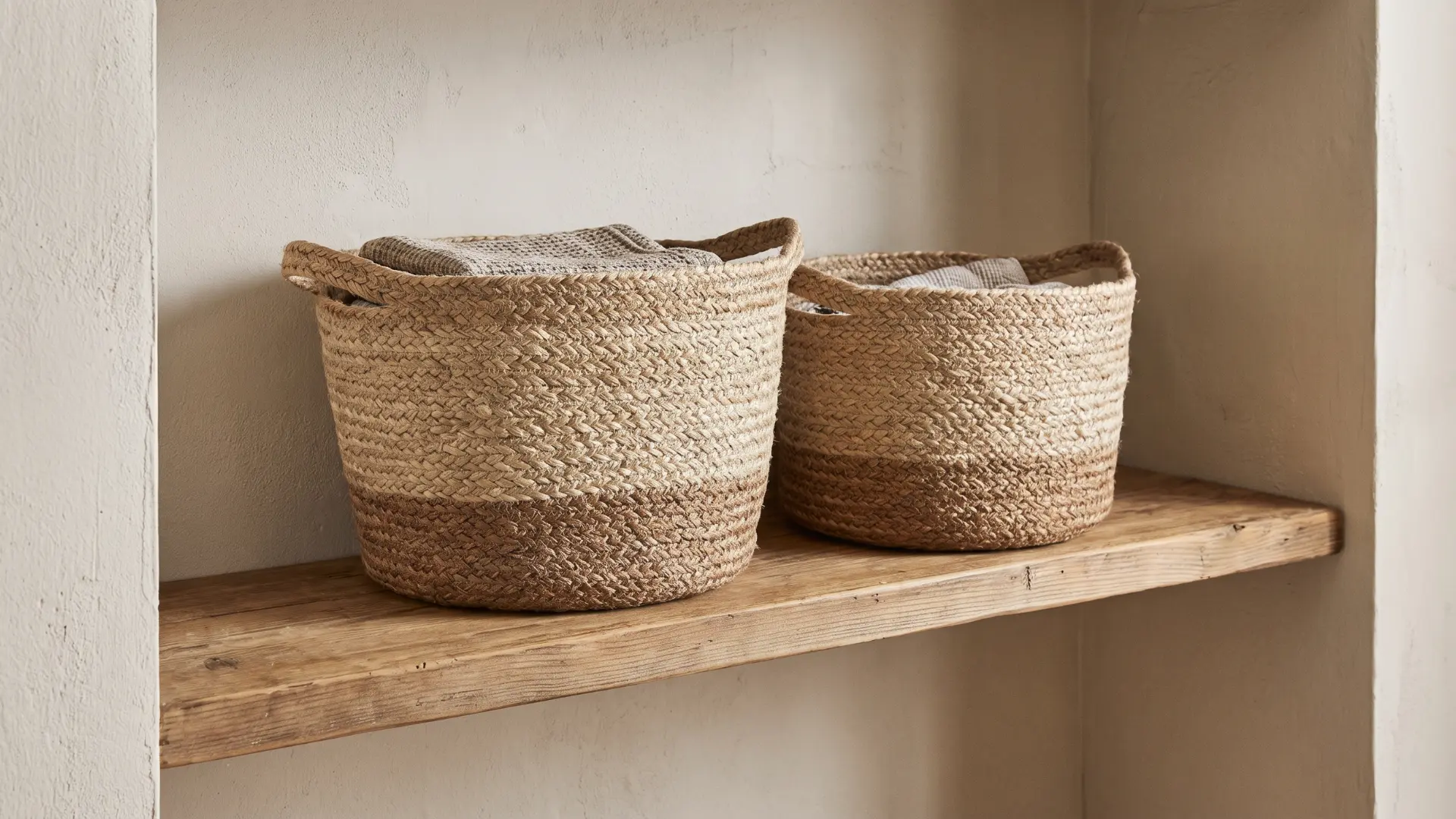 Wooden shelf holding two natural fiber woven baskets
