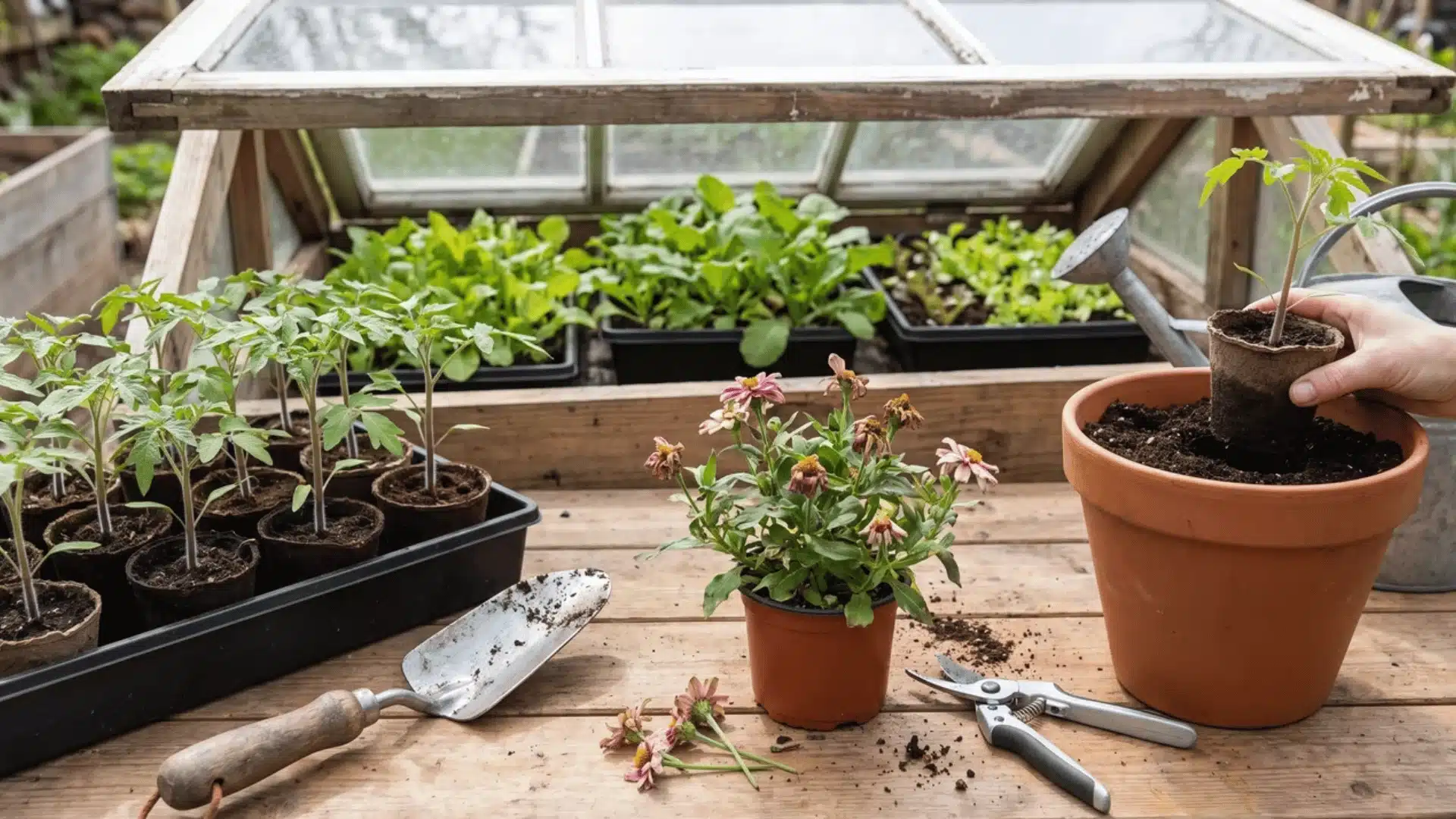 Garden tools and plant care activities showing a trowel, transplanting, and maintenance practices