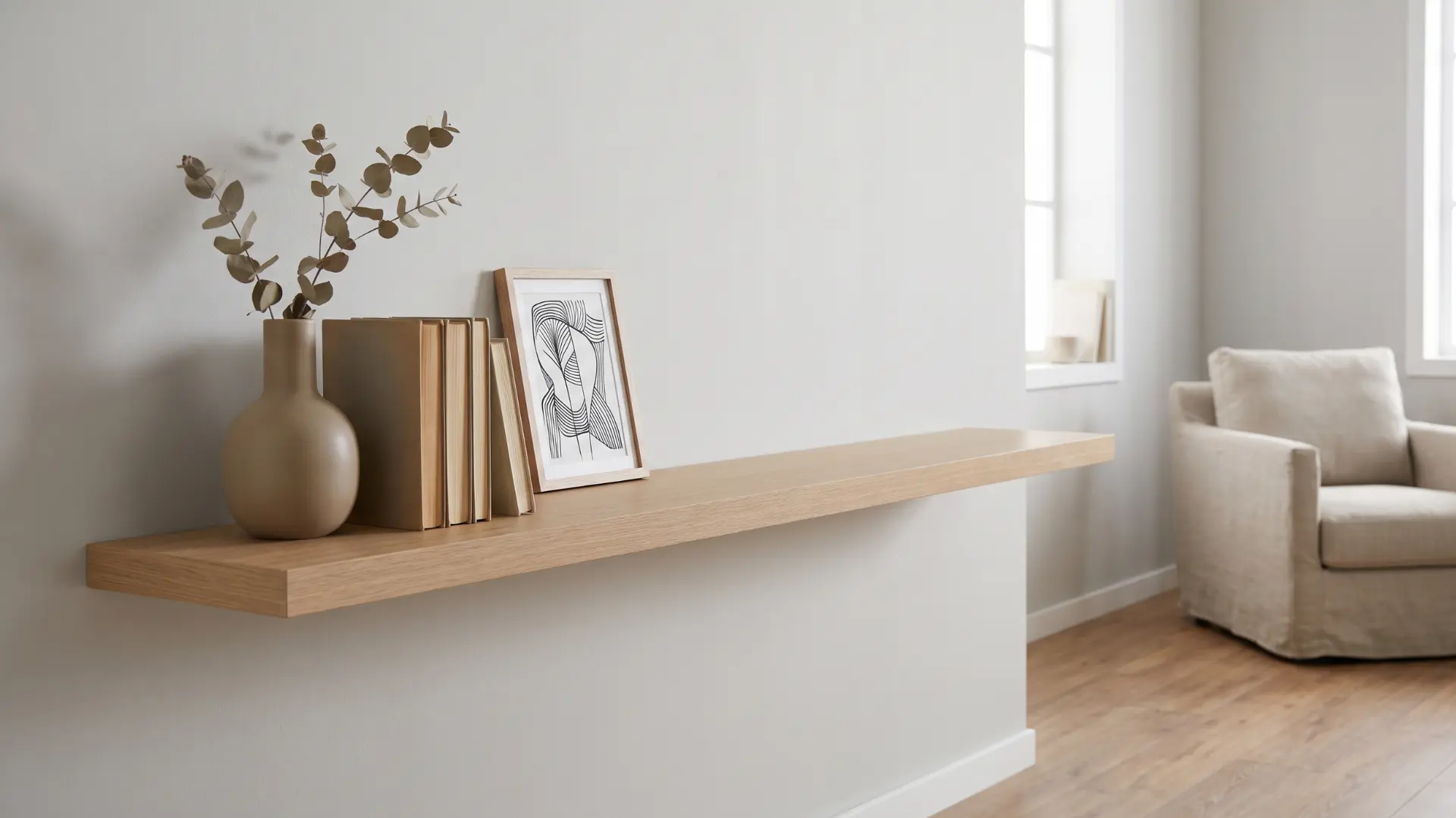Minimalist shelf with a vase, book stack, and small art piece