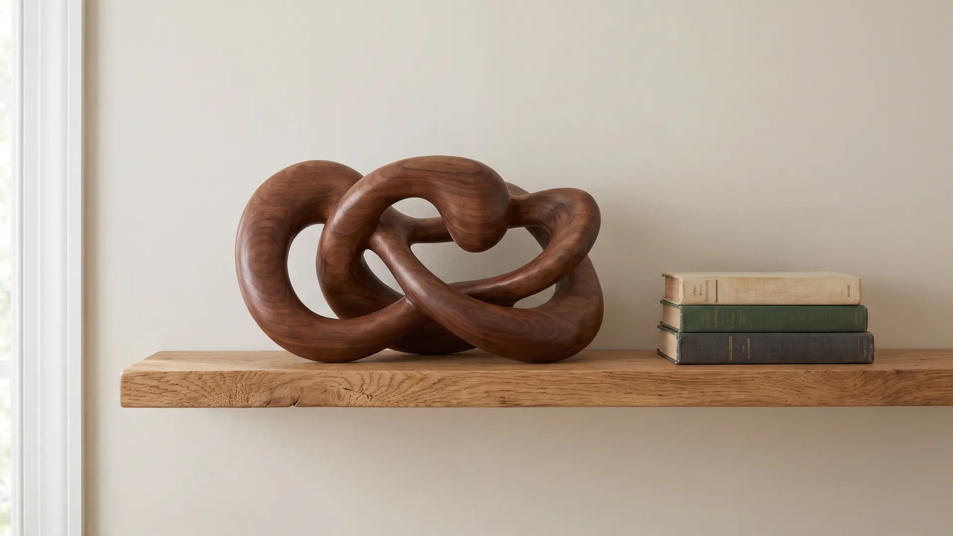 Shelf with an abstract sculpture and a small stack of books