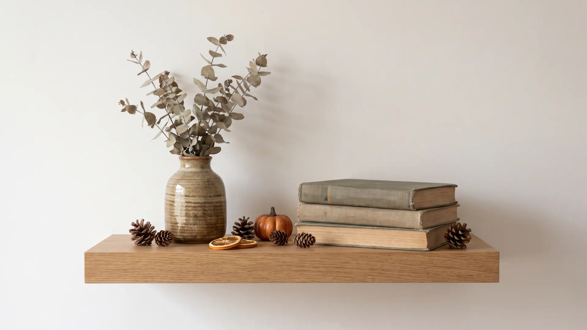 Shelf with a vase, stacked books, and small pinecones as seasonal accents