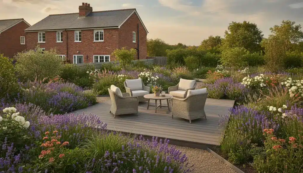 The UK’s Garden Design Boom: Why Demand Is at an All-Time High Wicker patio furniture on wooden deck surrounded by vibrant garden flowers and greenery