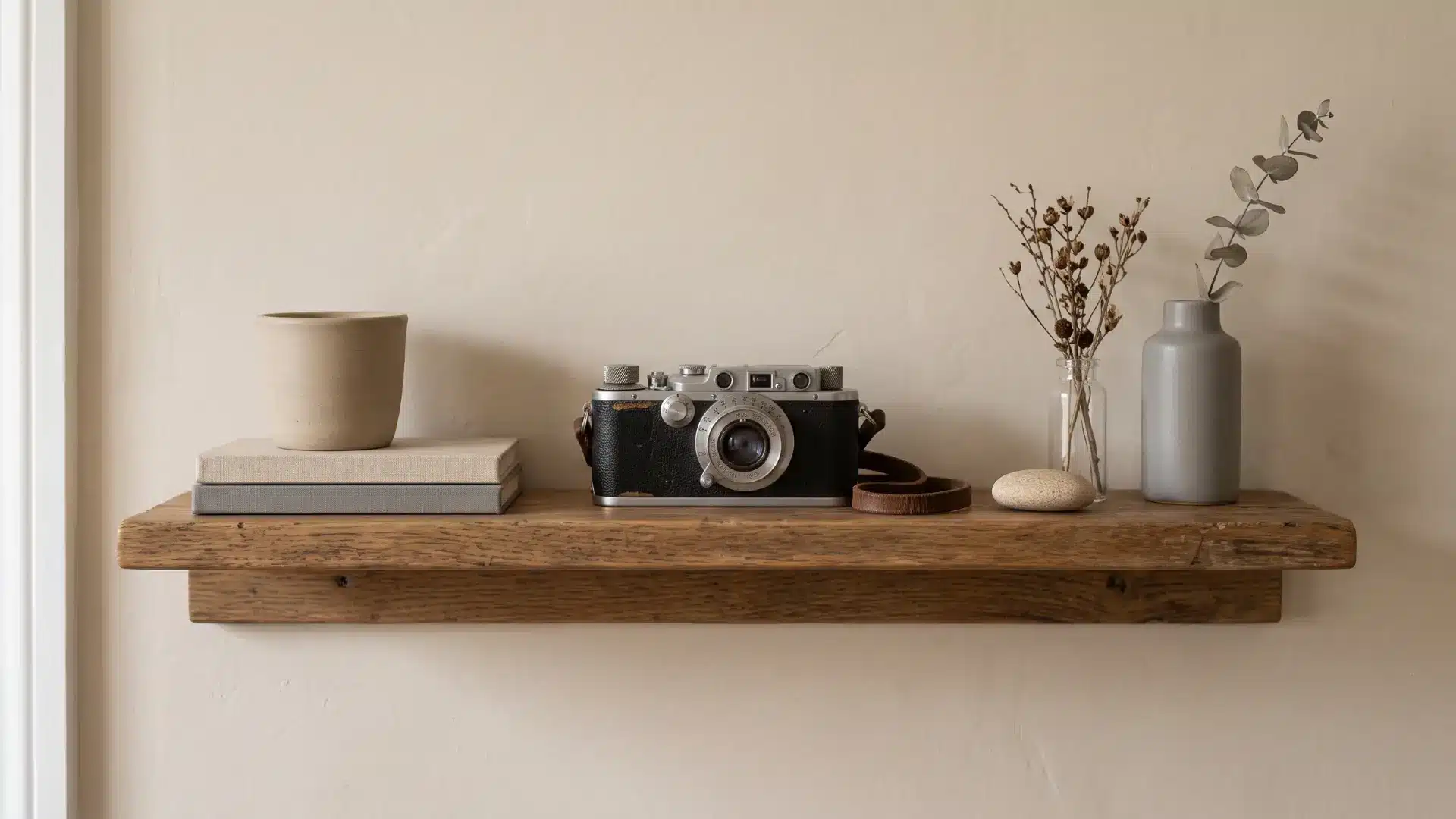 Shelf centered around a vintage camera with neutral surrounding items